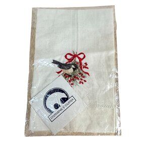 Stephanie Stouffer Embroidered Bird Linen Towel Red Bow & Holiday Berries Design